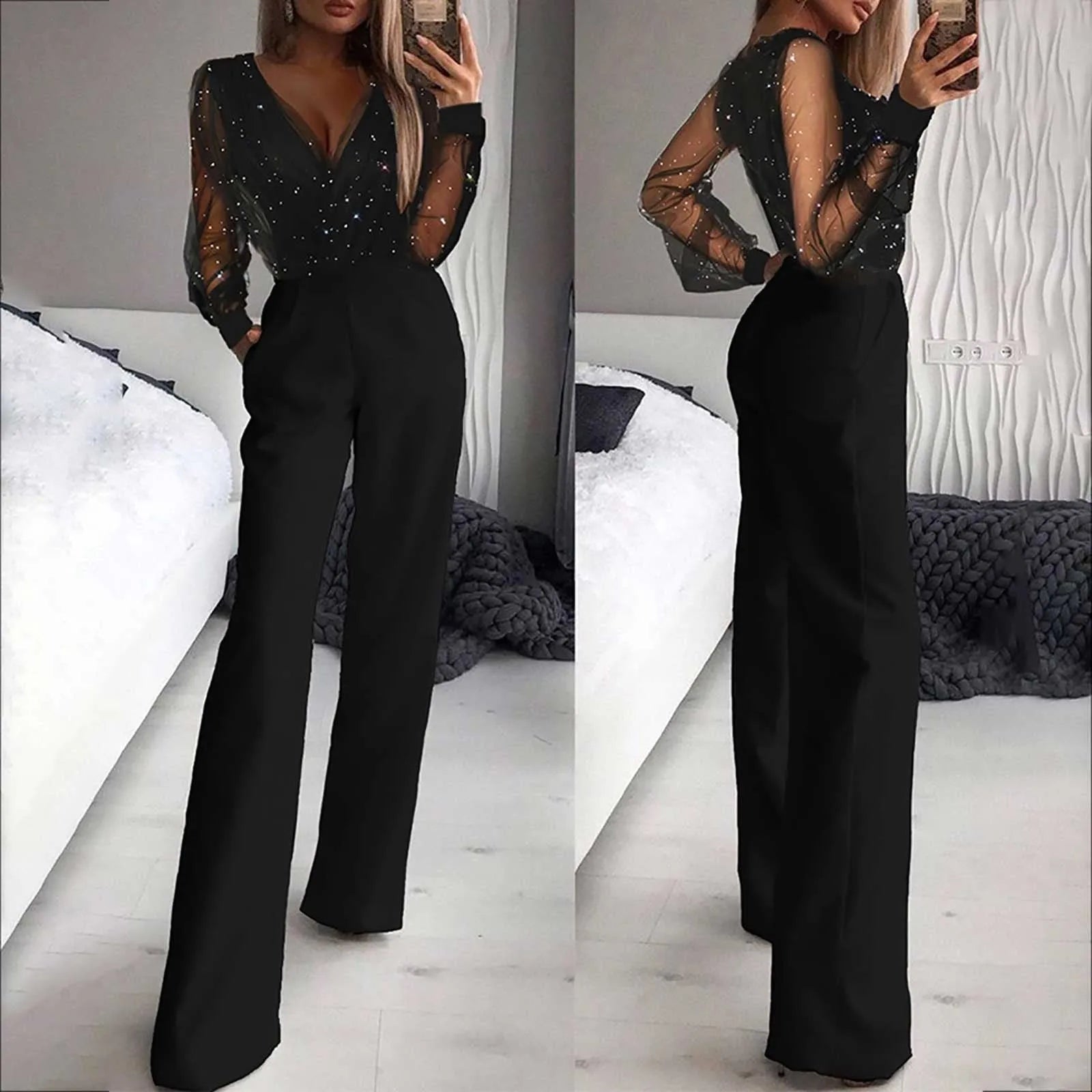 Eleganter Damen-Jumpsuit mit weitem Bein und Spitzenoberteil