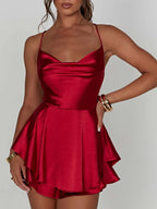 Damen Satin-Jumpsuit-Kleid mit Volant und Schnürrücken