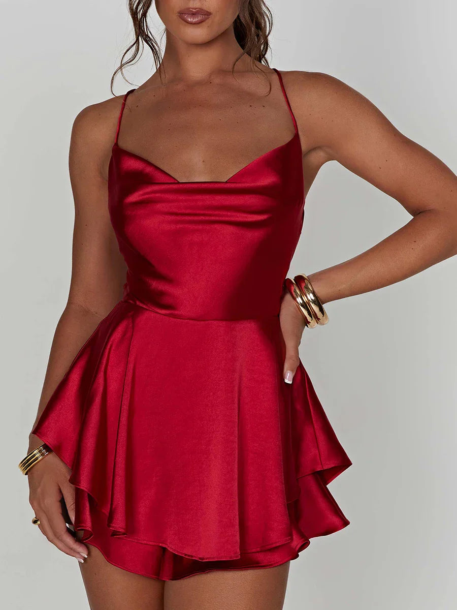 Damen Satin-Jumpsuit-Kleid mit Volant und Schnürrücken