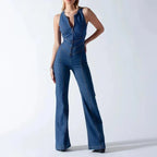 Damen-Jeans-Jumpsuit figurbetont mit Rückenausschnitt und ausgestelltem Bein